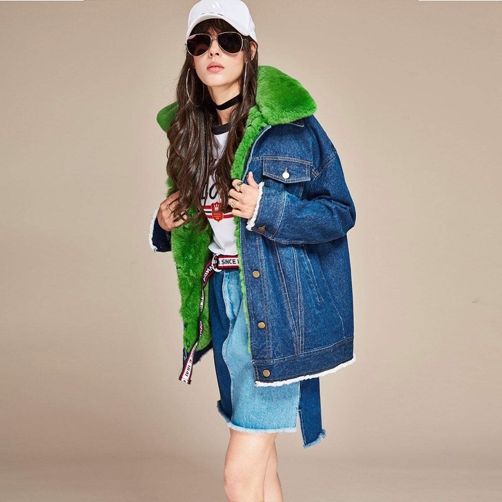 Rabbit green fur denim jacket jean